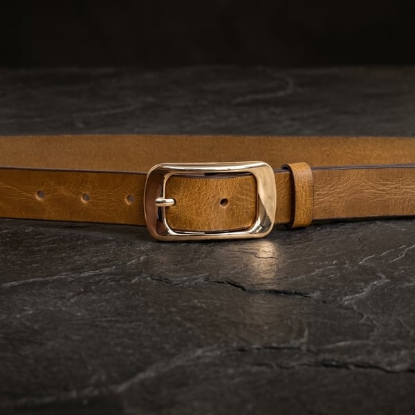 Vintage Mustard Full Grain Belt Gold-Tone Rectangular Buckle Womens 25mm