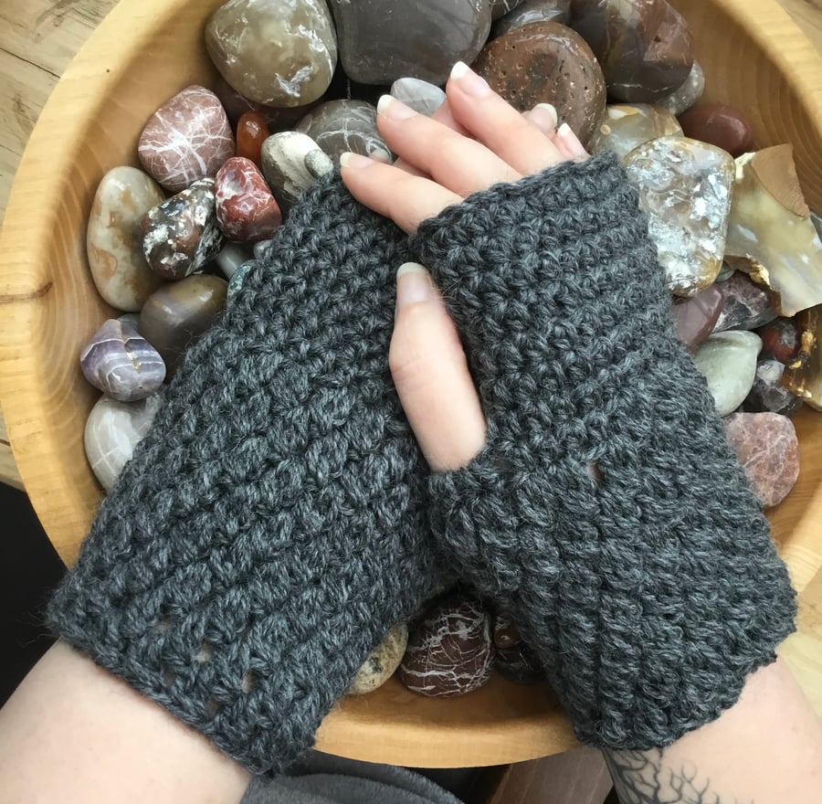 Slate Grey! 100% Wool Chunky Crocheted Fingerless Mittens or Wrist Warmers.