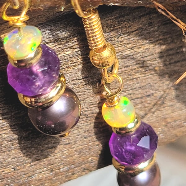 Luxury Bridesmaids' Gift Earrings, Peacock Pearl, Amethyst and Yellow Opal.Uniqu