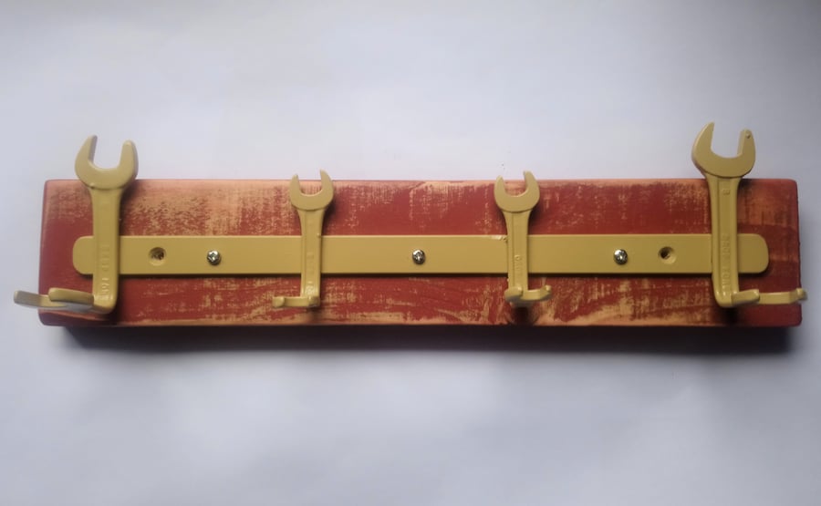 Handmade Spanner Coat Rack in Red and Yellow - Reclaimed Tools and Wood
