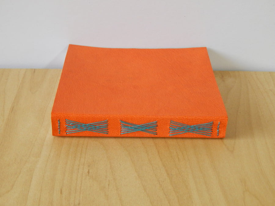 Bright Orange Leather Sketchbook, Journal, Notebook - Longstitch Binding in Blue