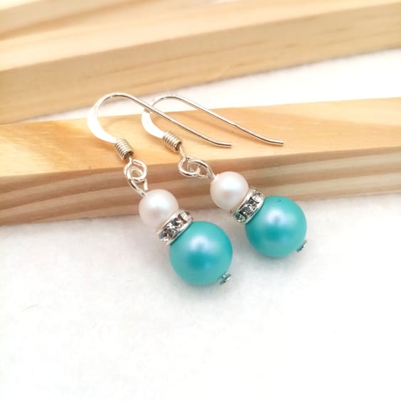 Turquoise & White Crystal Pearl Drop Earrings - Sterling Silver Wedding Gift