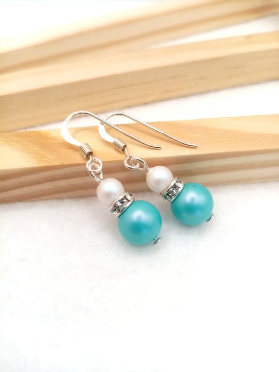 Turquoise & White Pearl Drop Earrings - Sterling Silver & Austrian Crystal 