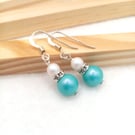 Light Turquoise Austrian Crystal Pearl Earrings - Sterling Silver Earrings 