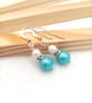 Sterling Silver Austrian Crystal Pearl Earrings in Light Turquoise