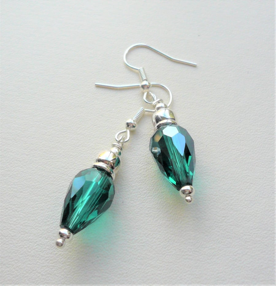 Dangle Earrings Teal Green Faceted Glass Drop Bead Silver Plate   KCJ3678