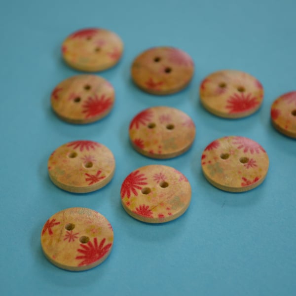 15mm Wooden Red Green Blue Floral Buttons Natural Wood 10pk Flowers (SNF8)