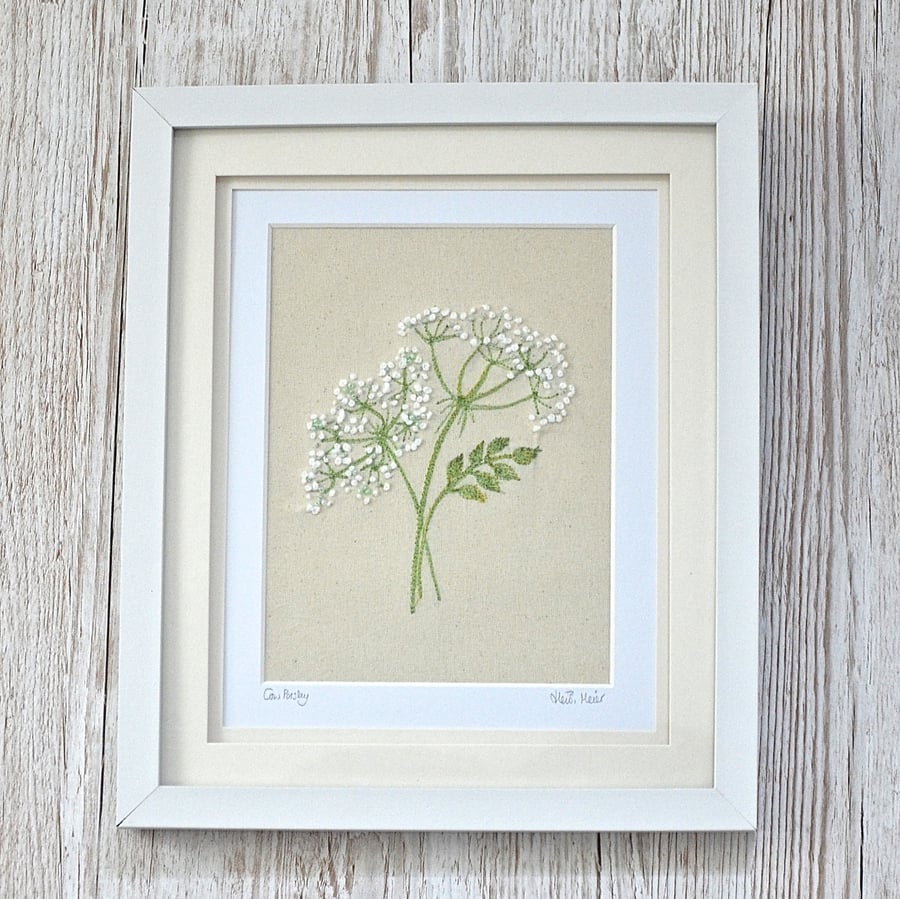 Cow parsley textile art - hand embroidered & free motion embroidery flower