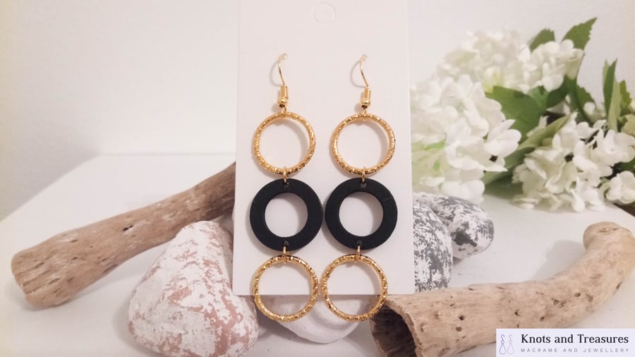 Black and Gold Three Hoops Dangle Earrings