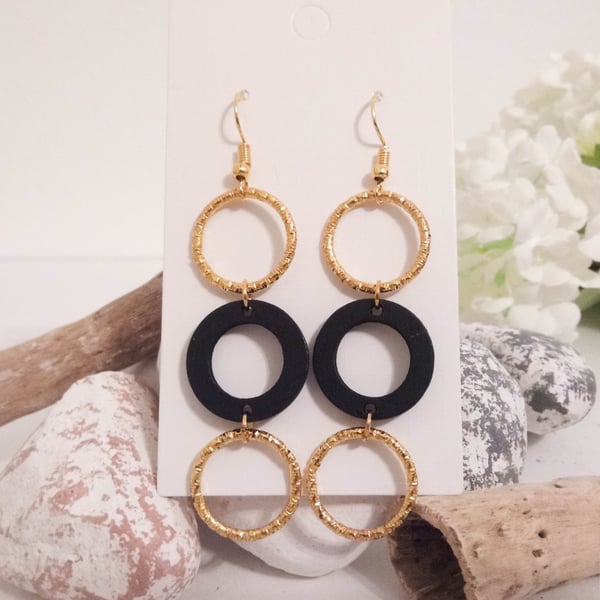 Black and Gold Three Hoops Dangle Earrings