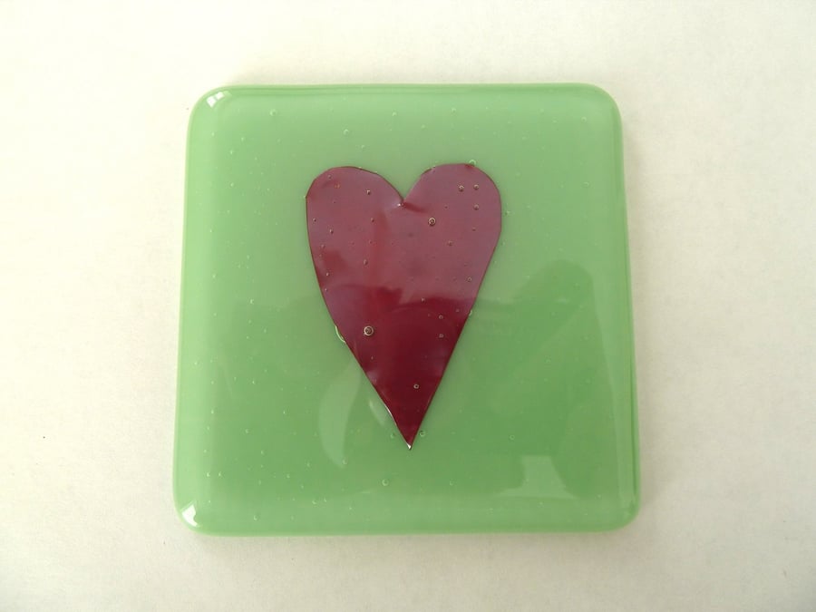 SALE green heart fused glass coaster
