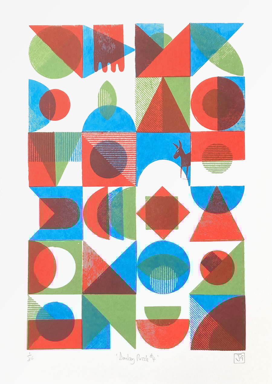 Donkey Puzzle No.4 A3 three-colour screen-print