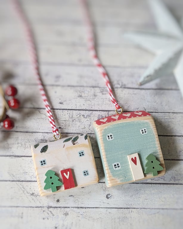 Set of 2 Wooden Christmas House Hanging Decorations