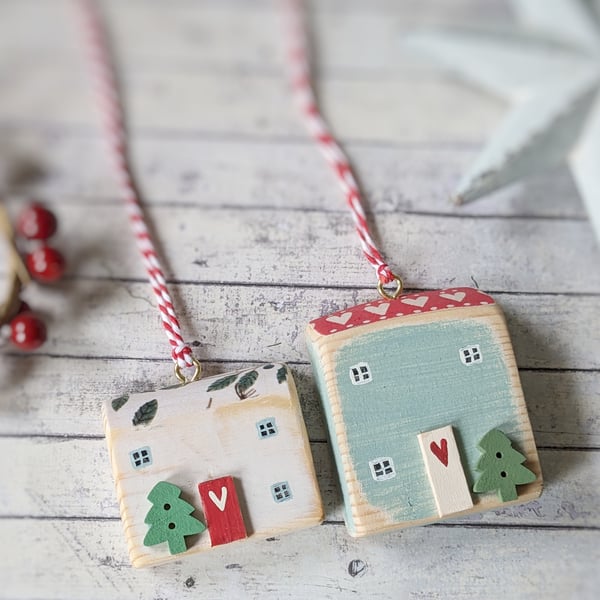 Set of 2 Wooden Christmas House Hanging Decorations