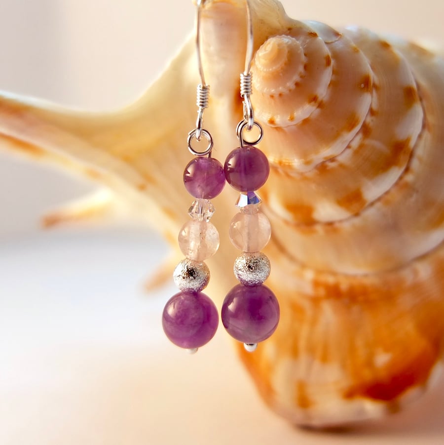 Sage Amethyst, Rose Quartz and Swarovski Crystal Earrings - Handmade In Devon.