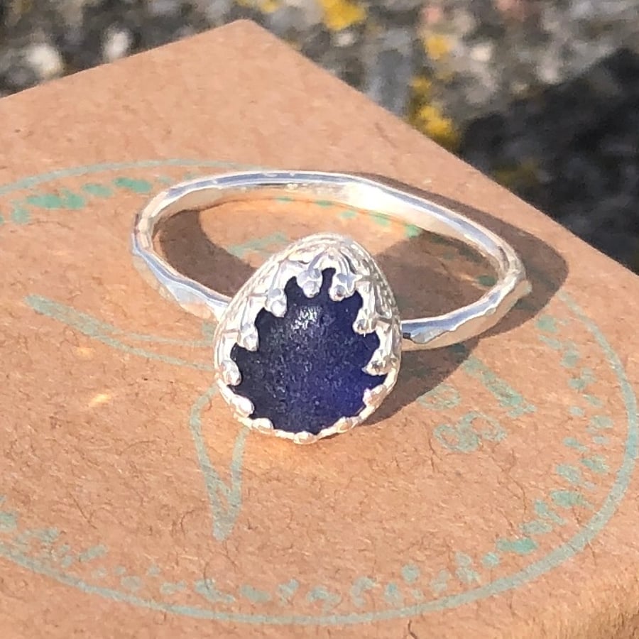 Cobalt Blue Sea Glass and Sterling Silver Ring- Size P  - 1307