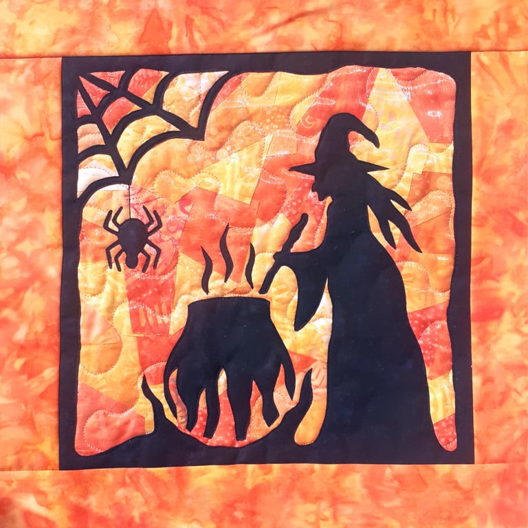 Witch with Cauldron Halloween Pattern Art Quilt Panel