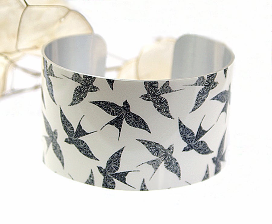 Swallow jewellery cuff bracelet, wide metal bangle, bird lovers gift. C150