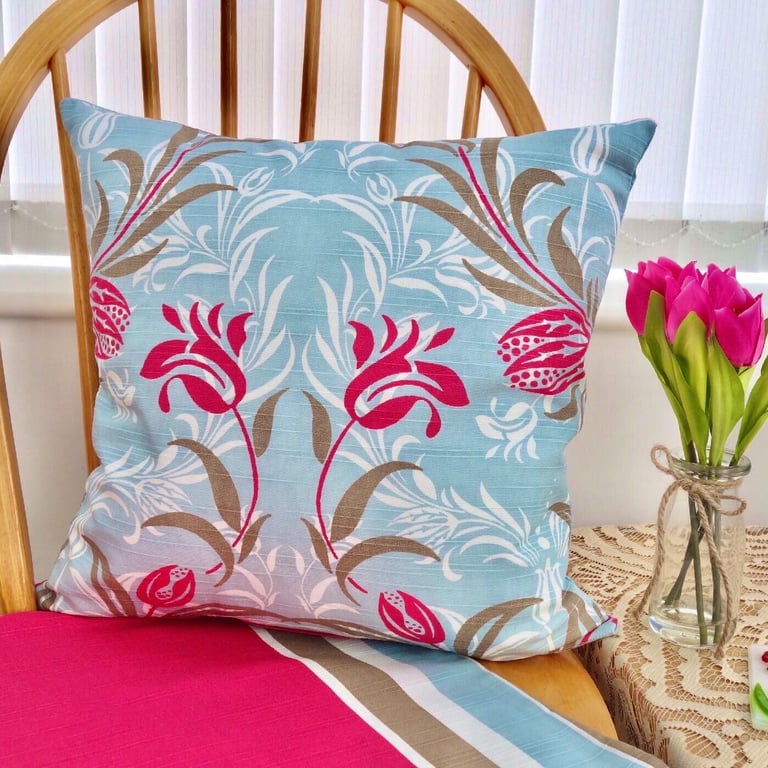 Cushion Cover: Blue Floral with stripe reverse 17" (43cm)