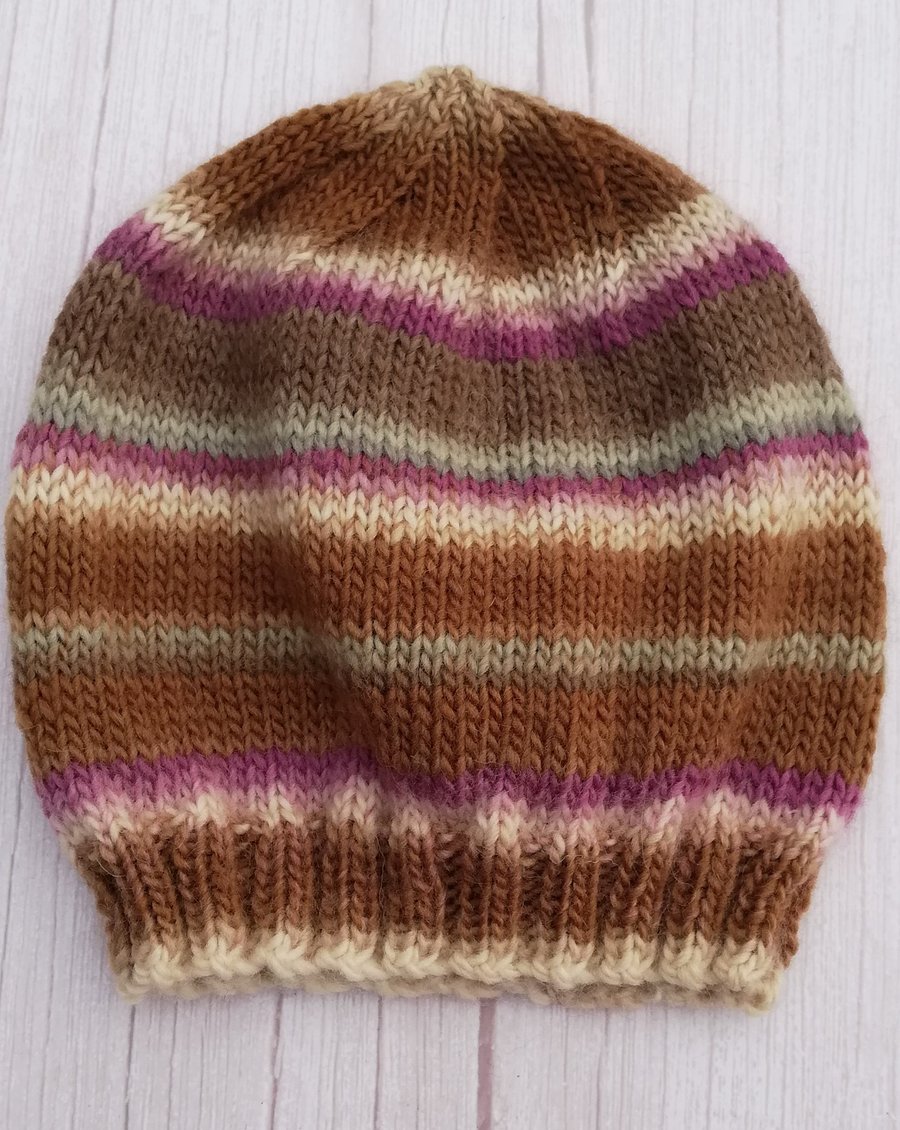 Hand knitted, Pure Wool, Banded Hat - 'Bracken and Heather' Generous Fit