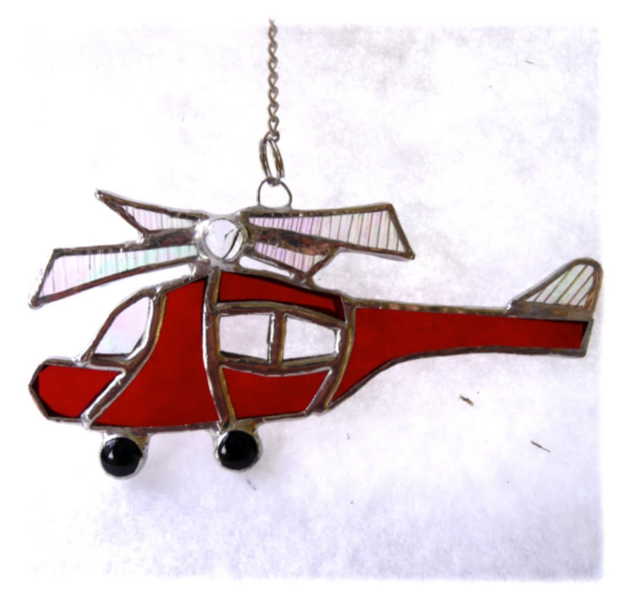 Helicopter Suncatcher Stained Glass Red Rescue