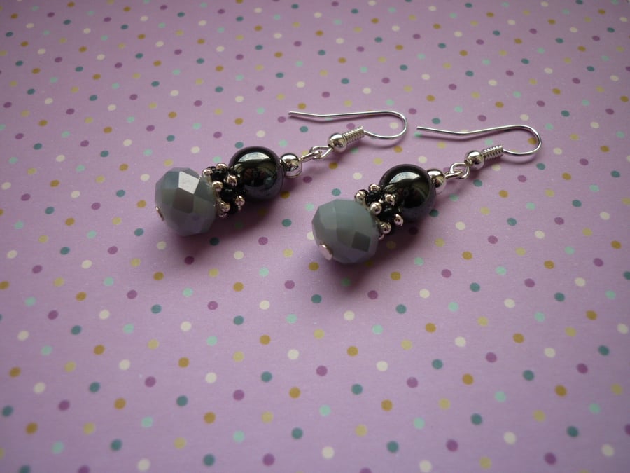 GREY SHADOW, HEMATITE, BLACK AND SILVER EARRINGS.  992