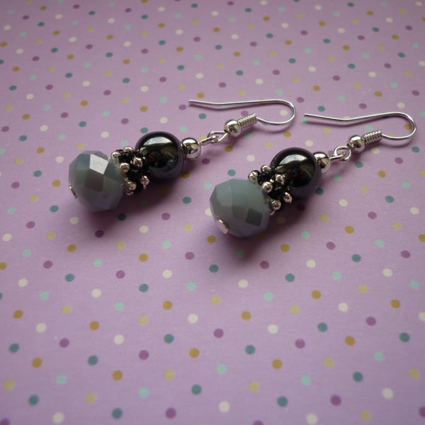 GREY SHADOW, HEMATITE, BLACK AND SILVER EARRINGS.  992