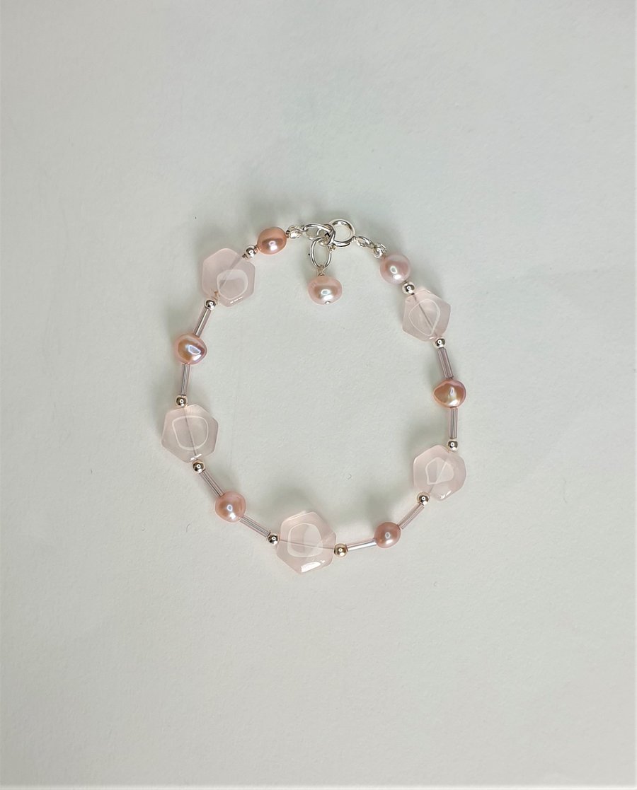 Pink Freshwater Pearl, Rose Quartz and Sterling Silver Bracelet