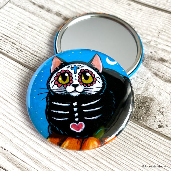 Day of the Dead Black Cat - 58mm Pocket Mirror