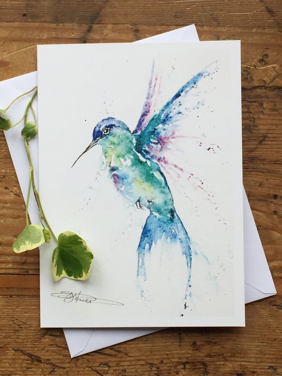 Hummingbird Card, A5 blank greeting card with a hummingbird watercolour