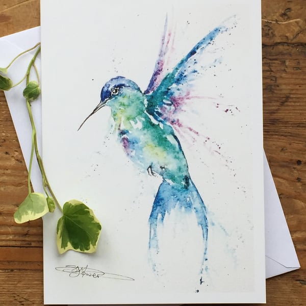 Hummingbird Card, A watercolour Art Card, A5 size on Satin Card with Envelope 