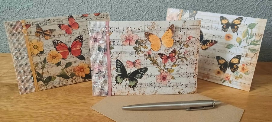 Set of 3 Handmade Mixed Media Butterfly Cards and Gift Tags