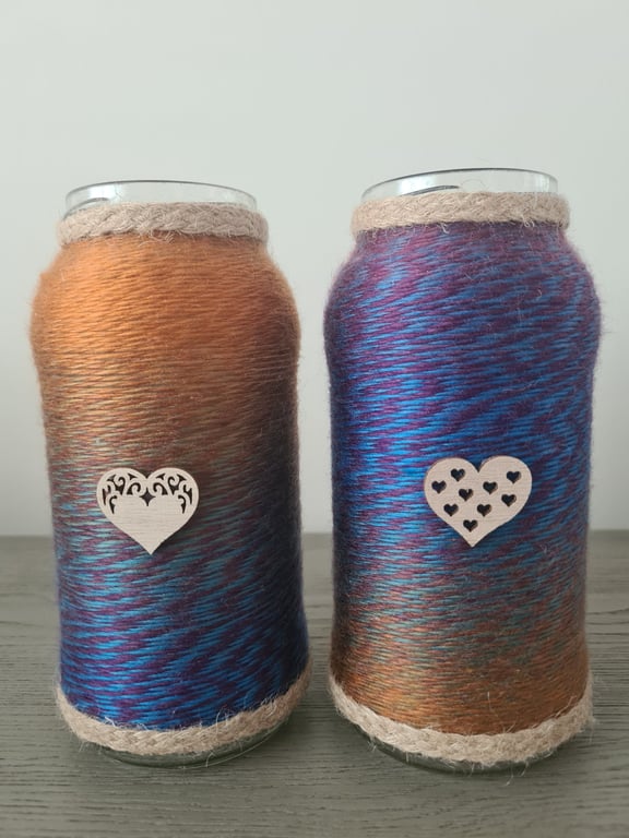 Handmade Pair Of Yarn Wrapped Decorative Jars-Marble Effect Yarn & Heart Detail 