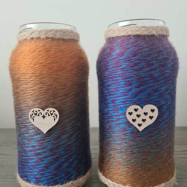 Handmade Pair Of Yarn Wrapped Decorative Jars-Marble Effect Yarn & Heart Detail 