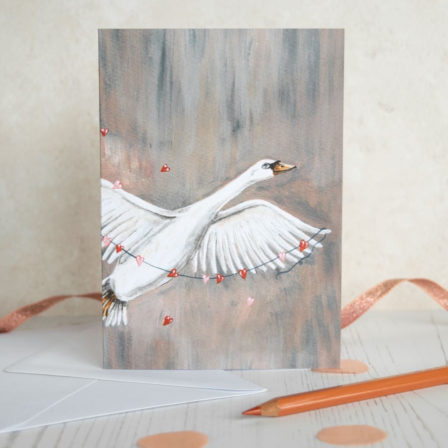 Illustrated swan greeting card. Valentines, Birthday, Anniversary, Mothers day.