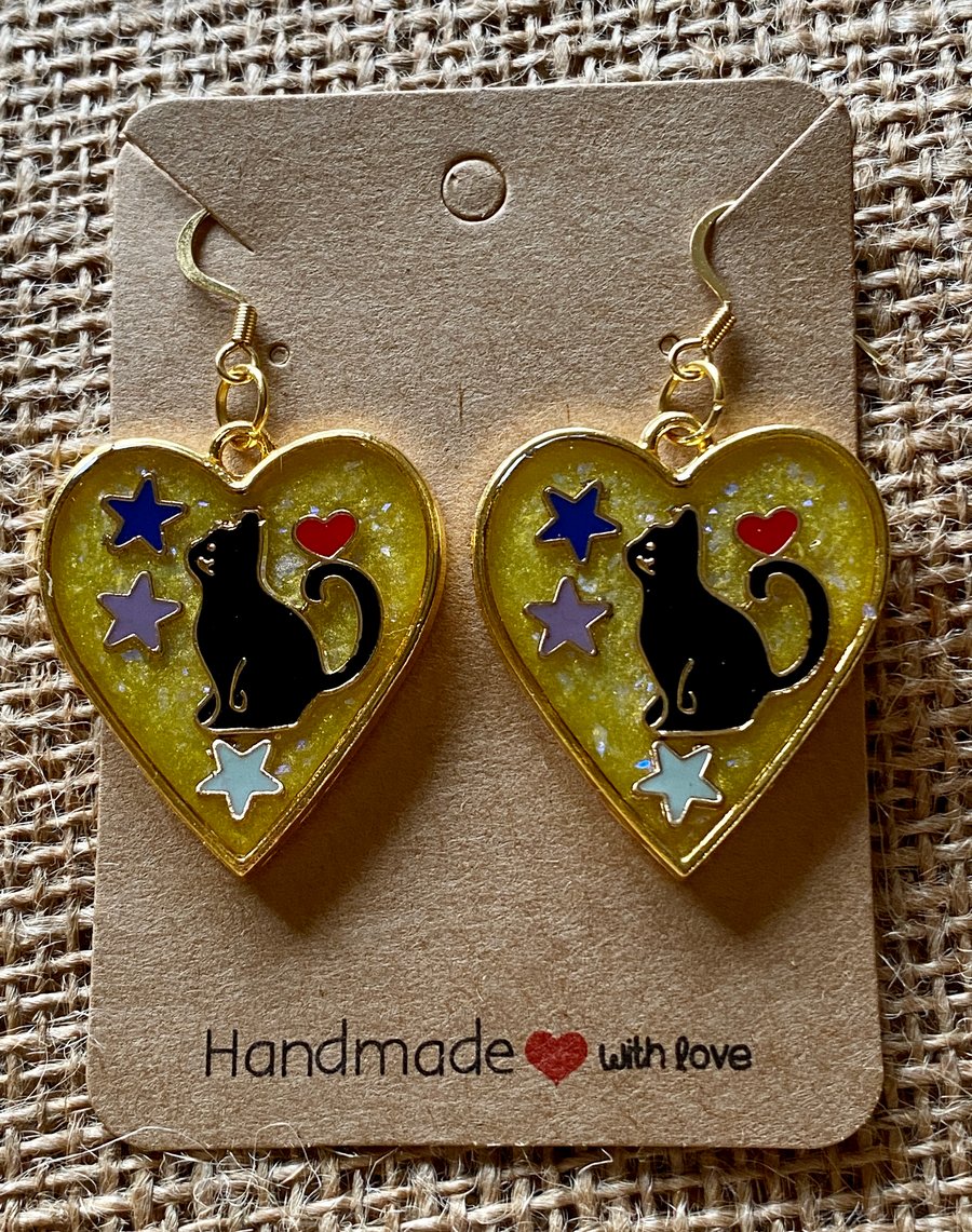 Handmade Love Your Black Cat Gold-Rimmed Heart-Shaped Earrings