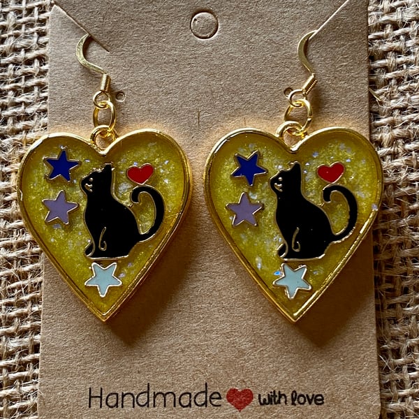 Handmade Love Your Black Cat Gold-Rimmed Heart-Shaped Earrings
