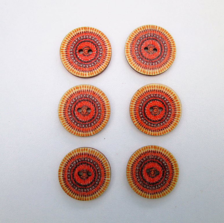 Red and yellow abstract mandala wood buttons, set of 6, 2.5cm diameter