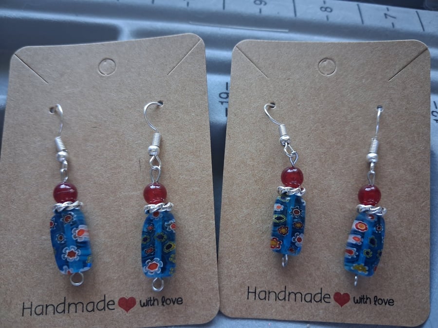 red and blue beaded drop earrings