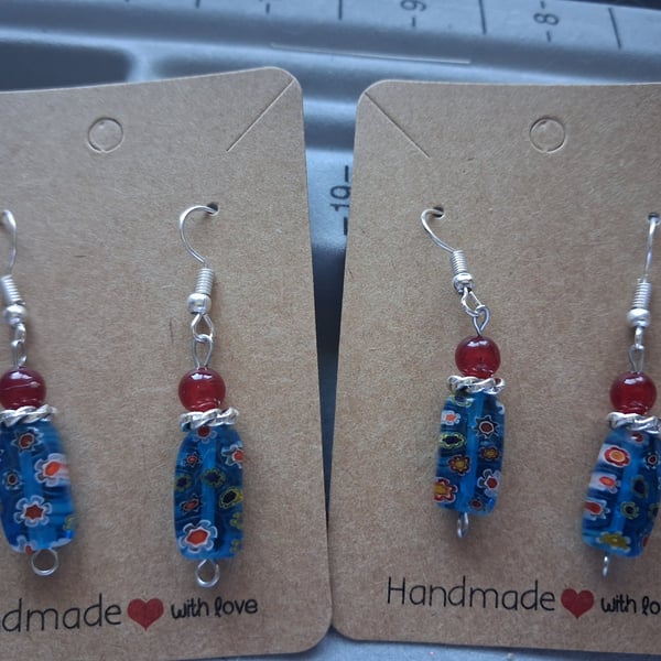 red and blue beaded drop earrings