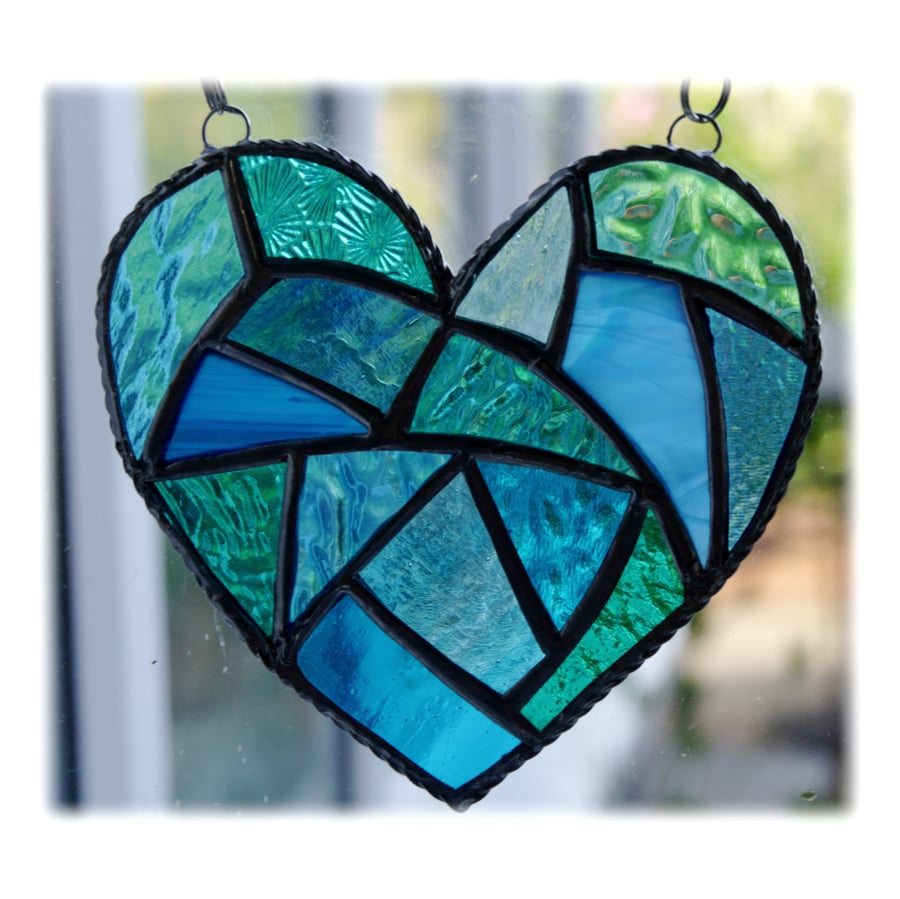 Fat Patchwork Heart Suncatcher Turquoise Sea Stained Glass Handmade 