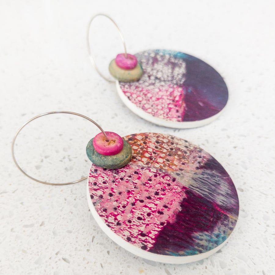 Large bold modern earrings in pink, purple, light grey and blue