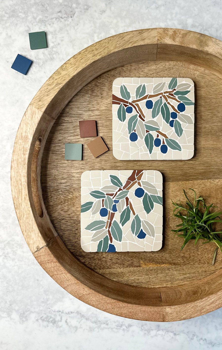 Two Mosaic Coasters in Olive Branch design  