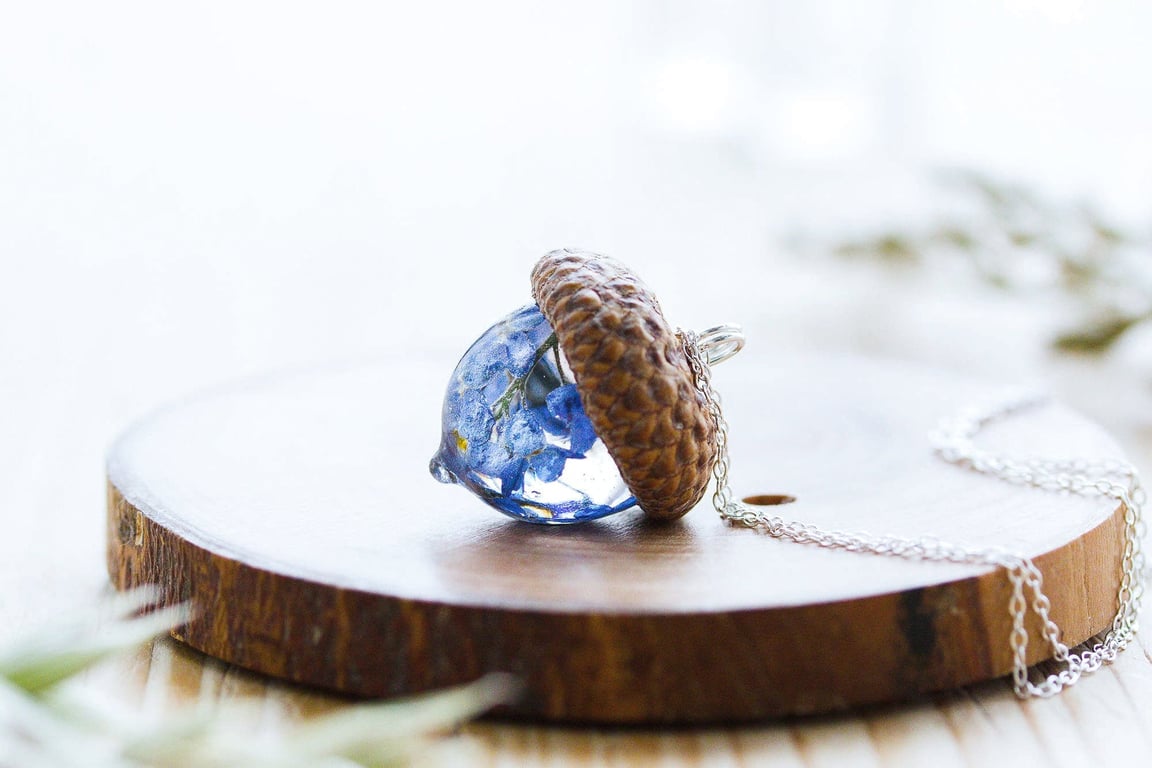 Forget Me Nots Necklace Real Flower Acorn Something Blue Botanical Necklace Wood