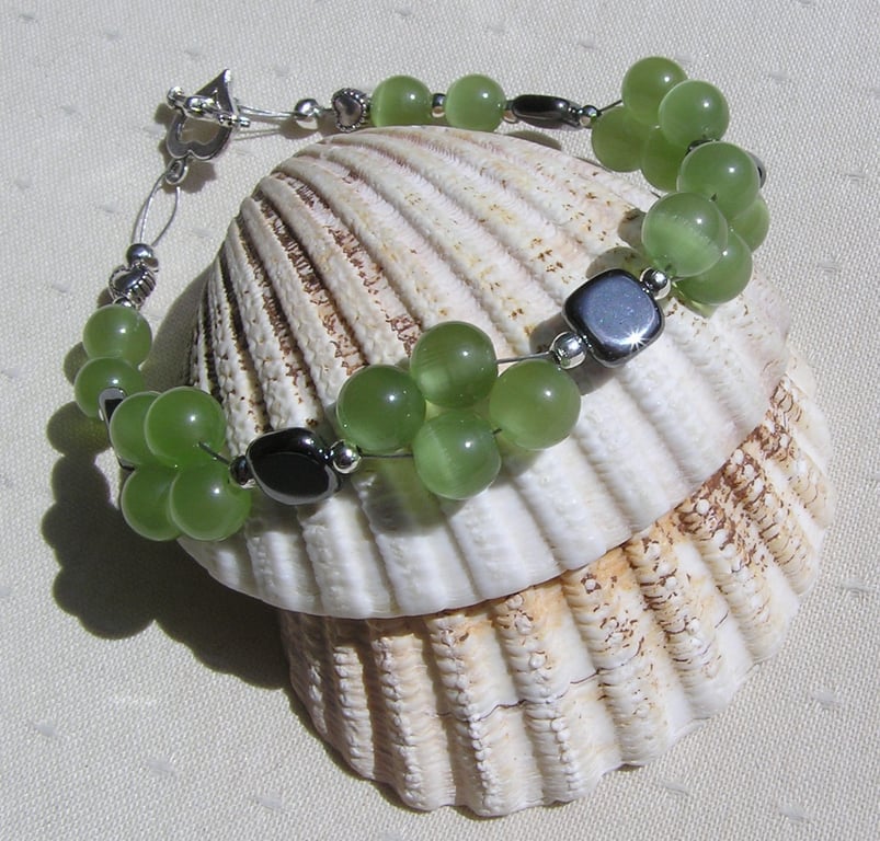 Green Peridot & Black Hematite Gemstone Beaded Bracelet "Green Daze"