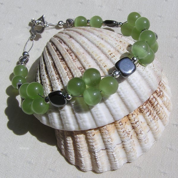 Green Peridot & Black Hematite Gemstone Beaded Bracelet "Green Daze"