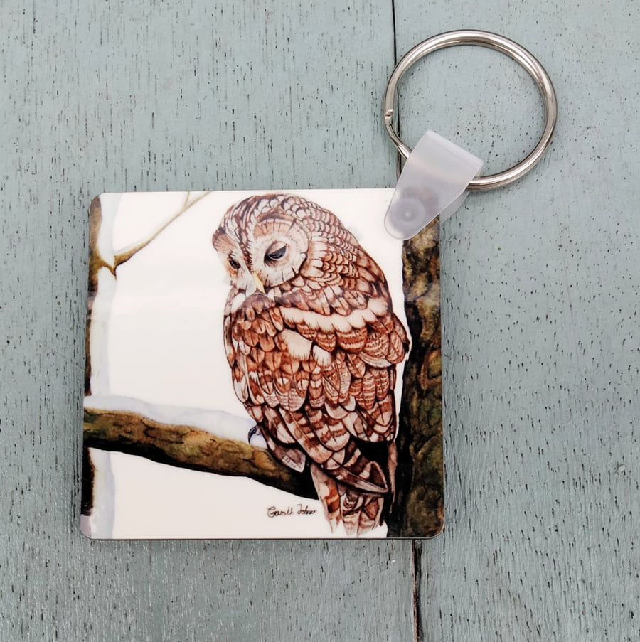 Tawny owl watercolour keyring, owl keyring, bird lover gifts.