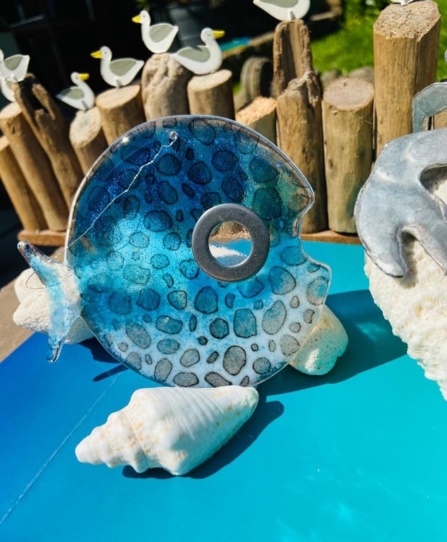 Large handmade fused glass big eye funky spotted  fish