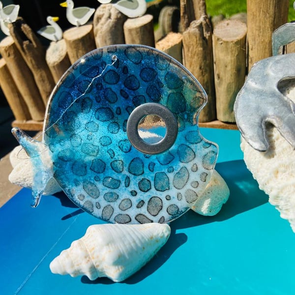 Large handmade fused glass big eye funky spotted  fish