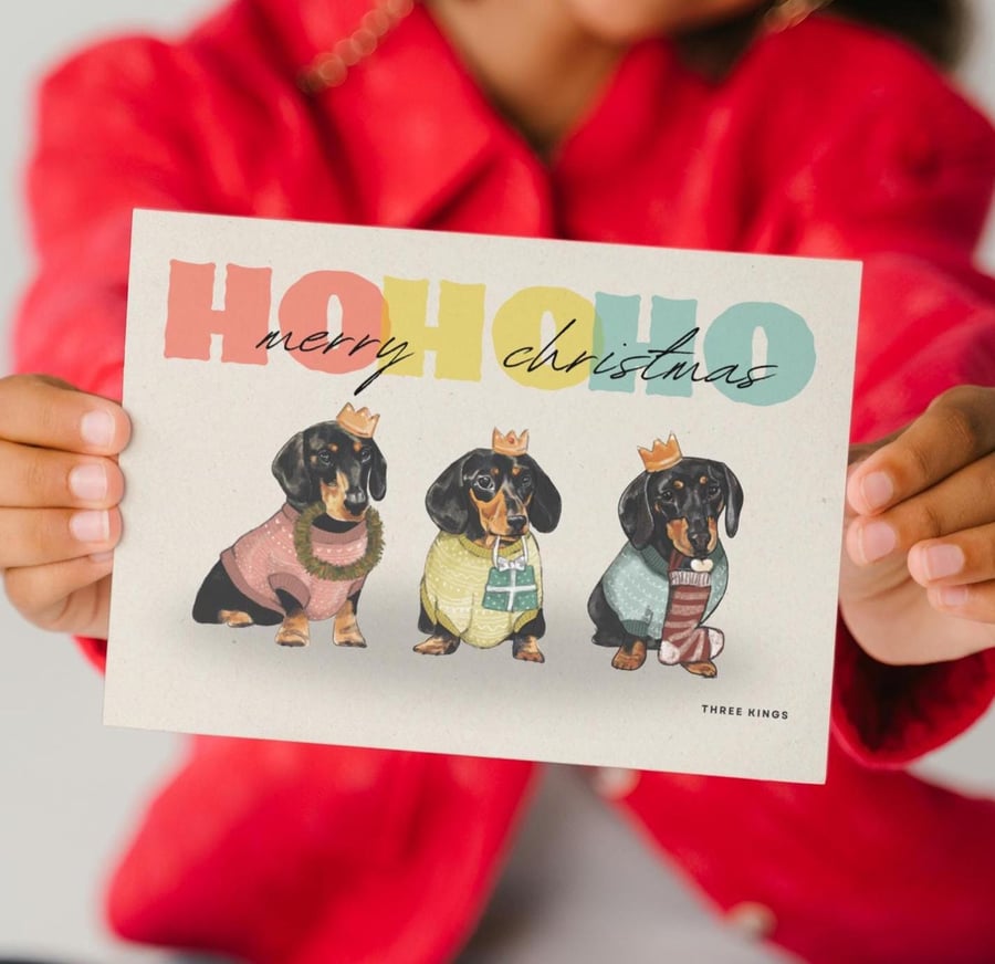 Illustrated Dachshund Christmas card - Three kings greeting card for dog lovers 